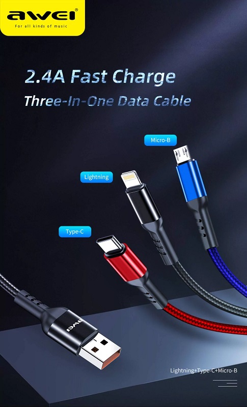 Καλώδιο φόρτισης & data 3in1 - Fast Charge - CL-971 - 1.2m - AWEI - 022170 - Image 2