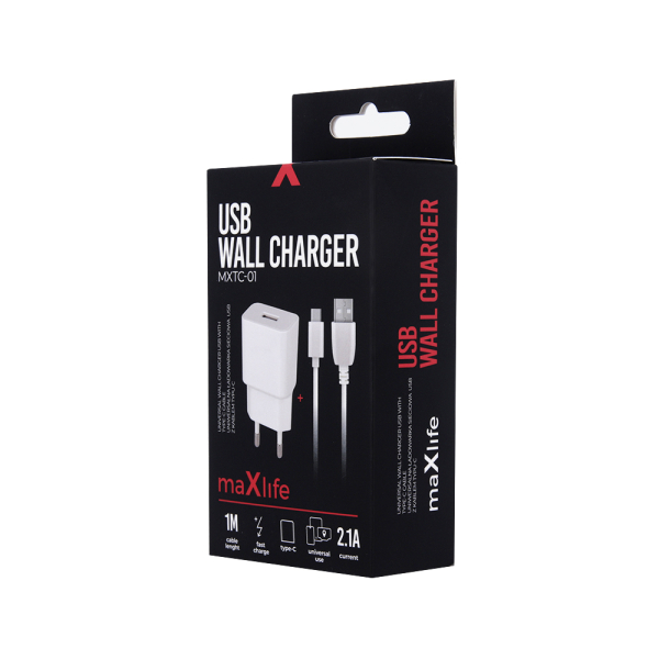 MAXLIFE TRAVEL FAST CHARGER 2.1A + TYPE C DATA CABLE white - Image 2