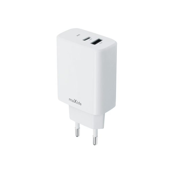 MAXLIFE TRAVEL CHARGER MXTC-10-20AC PD QC 1 PORT TYPE C 1 PORT USB 20W white