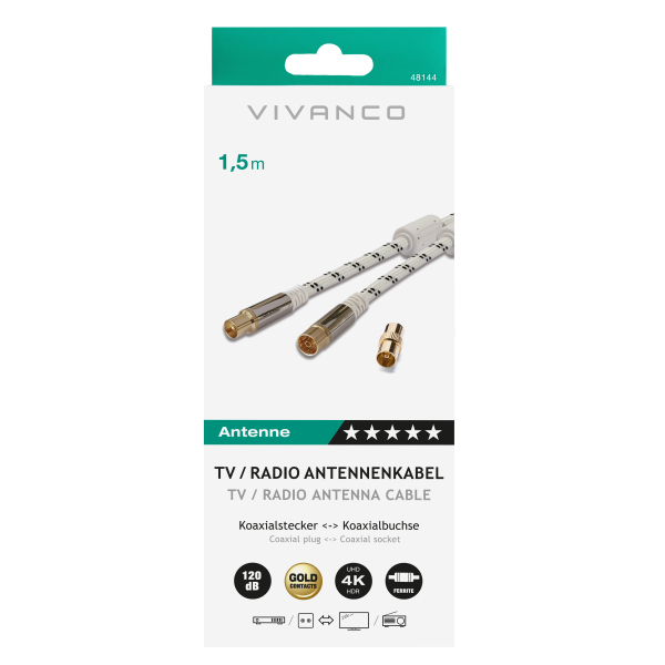 VIVANCO ANTENNA CABLE HQ 120dB NYLON GOLD-PLATED CONNECTORS 1.5m white - Image 2