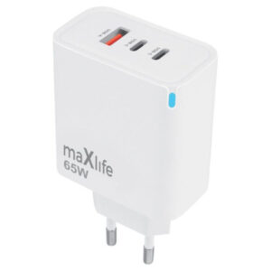 MAXLIFE TRAVEL FAST CHARGER GaN PD QC 65W 3X PORTS white