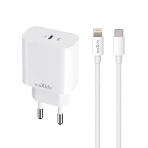 MAXLIFE TRAVEL CHARGER PD QC 20W + TYPE C TO LIGHTNING DATA CABLE white